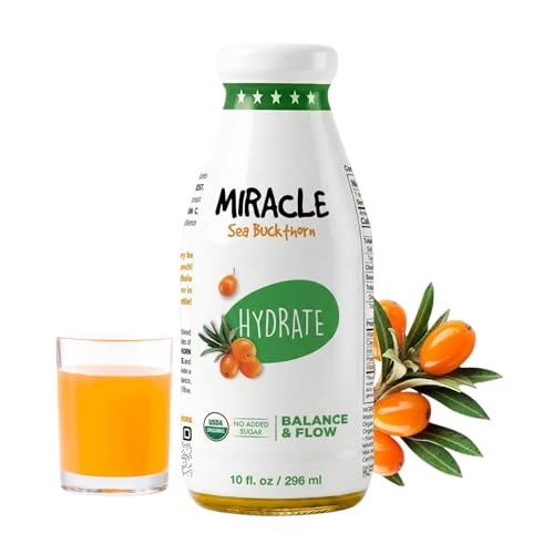 Miracle Sea Buckthorn HYDRATE USDA Organic Sea Buckthorn Juice Drink | Omega 7 & Antioxidant Rich Superfruit | Apple Carrot & Ginger Blend | No Added Sugar Non-GMO |10 fl oz Glass Bottle