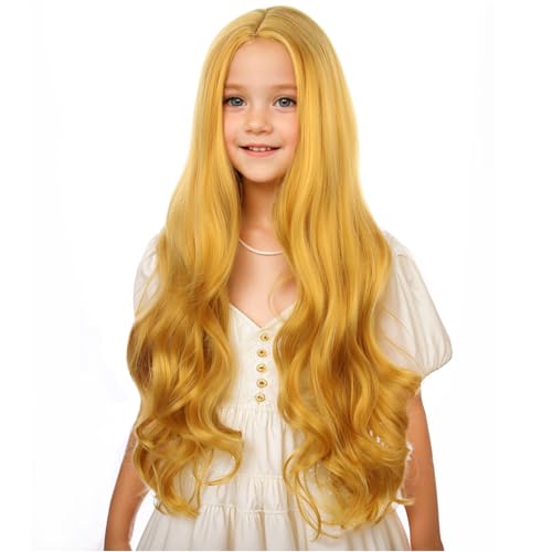 Image of PATTNIUM Gold Blond Wig for Kids Girls Long Wavy Curly Wig Yellow Wigs Synthetic Halloween Party Cosplay Wigs