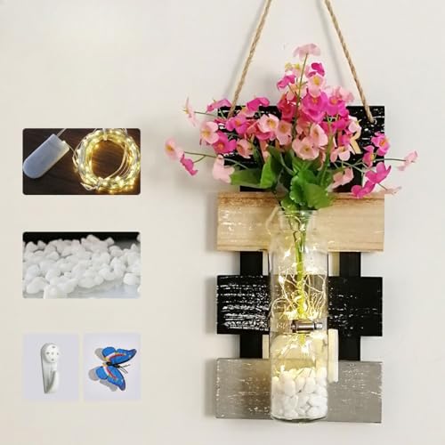 Maceta de pared de madera reciclada con jarrón de cristal, decoración de pared bohemia de 30 x 17 cm con luces de hadas, mariposa y 6 flores artificiales para sala de estar, dormitorio, cocina (rosas