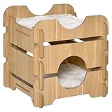 PawHut Katzenhöhle DIY Katzenbett mit 2 weichen Kissen 2 Etagen Katzenshclafplatz Katzenhaus Natur 50 x 50 x 50 cm