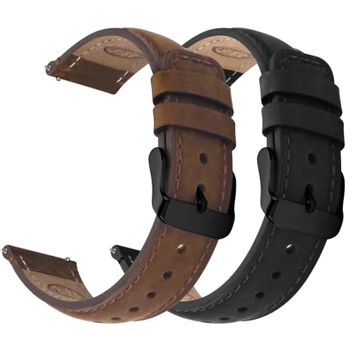 Image of Fullmosa 2 Pack 24mm Leather Watch Bands Quick Release Watch Strap for Men Women, Soft Replacement Strap Wristband with Stainless Steel Buckle,24mm Saddle Brown&Black /Black&Black