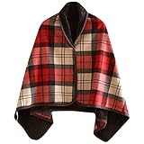 [なないろ館] 4way ブランケット ひざ掛け 巻きスカート 着る毛布 あったか 裏ボア 100×140cm 肩当て 肩掛け 裏起毛 防寒 フランネル (レッド)