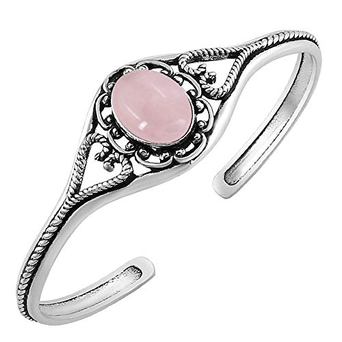 Rose Quartz Cuff Bangle Bracelet for Women – Handmade 925 Silver Plated Adjustable Jewelry Bracelet – Natural Gemstone Janaury Birthstone Statement Bangle – Elegant Gift for Her