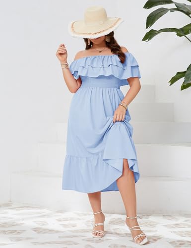 Image of KOJOOIN Women Plus Size Off Shoulder Maxi Dress Ruffle Flowy Casual Summer Boho Long Dresses