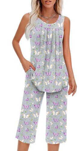 Image of Findsweet Women Pajamas Sets Loungewear Soft Sleepwear Two Piece Summer Sleeveless Pjs Tank Top Pants with Pocket S-4XL