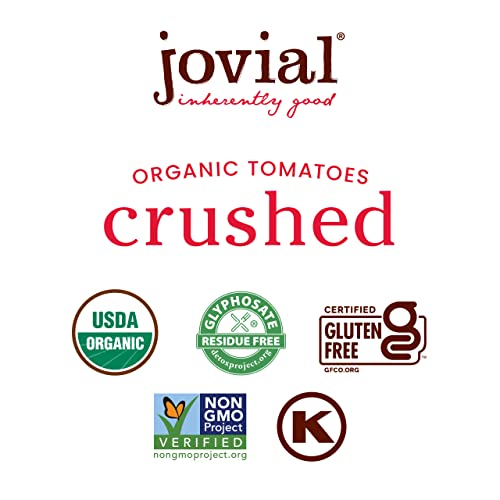 Jovial Crushed Tomatoes - Organic Tomatoes, Non-GMO, USDA Certified Organic, No Additives, BPA-Free, No Added Sugar, No Salt Added, Recyclable Glass, Made in Italy - 18.3 Oz, 6 Pack