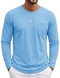 TACVASEN Atmungsaktiv T-Shirt Freizeit Langarmshirt Herren Baumwolle Rundhalsshirts Männer Einfarbige Herbst Sommer Shirt mit Brusttasche Lakeblue 2XL