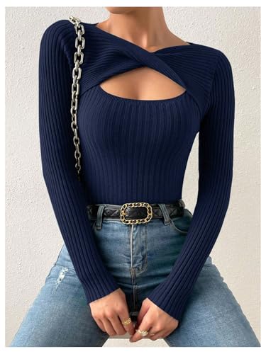 SHENHE Women's Ribbed Sweater Pullover Sexy Cut Out Twist Keyhole Knit Fitted Sweater Top4
