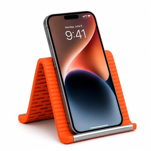 Image of Portable Foldable Silicone Aluminum Phone Holder, Flexible Phone Stand for Desk & Travel, Adjustable Non-Slip Universal Phone & Tablet Holder for Home, Kitchen, Office, Treadmill (Orange)