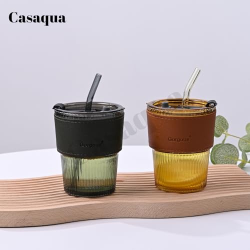 Image of Glass Coffee Sipper Mug with Leather Grip, Clear Drinking Glasses Tumblers with Straws and Lids for Iced Tea, Juice, Cocktail, Smoothies Drinks Cups (400ML, Pack of 1)