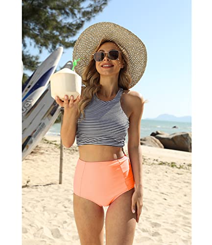 Mansy Women's 2PCS Tripe Padded Push Up High Waisted Bikini Swimsuit Swimwear Black