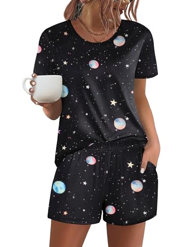Image of Ekouaer Women's Pajama Sets Short Sleeve Pjs 2 Piece Top and Shorts Sleepwear Comfy Soft Lounge Sets with Pockets