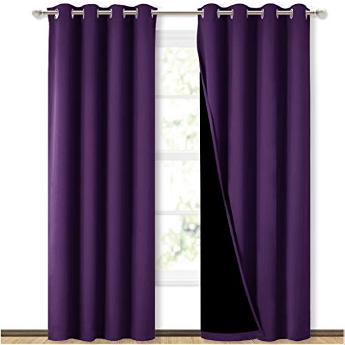 NICETOWN 100% Blackout Curtains with Black Liner Backing, Thermal Insulated Curtains for Living Room, Noise Reducing Drapes, Royal Purple, 52 inches W