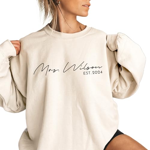 Custom Mrs Est Sweatshirt - Cute Honeymoon Last Name Pajamas - New Future Mrs. Wedding Gift - Unisex Long Sleeve Crewneck Sweatshirt Sand