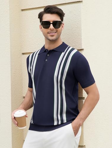 Esabel.C Mens Polo Shirts Short Sleeve Striped Casual Fashion Knit Golf Shirt Regular Fit2