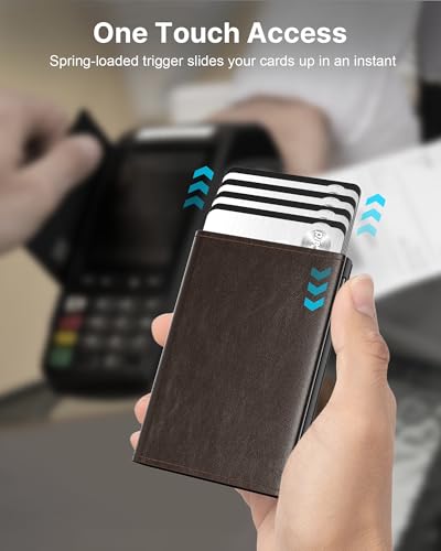 Image of typecase Mens Wallet Card Holder: Pop Up Aluminum Case, Genuine Leather, Smart, RFID Blocking, Slim, Minimalist, Front Pocket - 9-14 Card Capacity | ID Window | Cash Slot (Black Brown)