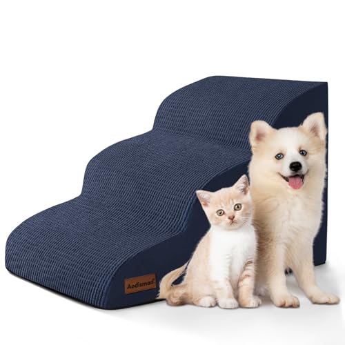 Image of Dog Stairs and Steps for Beds Or Couches, 3-Step Pet Stairs & Steps for Small Dogs and Cats, Soft and Non-Slip Dog Ramp for Older Dogs,Pet with Joint Pain,Easy to Walk | 15.7 inch H Non-Slip Sturdy Dog Steps with Curved Ramp for Senior,Short-Legged Dogs,Puppy and Cats to Reach Sofa or Chair,Blue