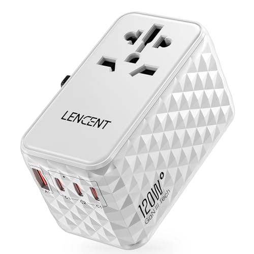 LENCENT Adaptador Enchufe Universal GAN III 120W, Cargador Internacional con 1 USB A & 3 USB C PD, Adaptador de Viaje Carga Rápida para Móviles, Tabletas, Portátil, UK,EU,AU,US, Blanco