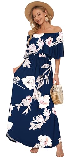 Image of AUSELILY Womens Off Shoulder Ruffle Split Summer Maxi Dresses with Pockets | Off-shoulder Ruffle dress with empire waist & side split for summer beach and casual parties