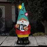 Exhart Solar Gnome Garden Statue w/Watering Can – Teal Hat Gnome Resin Statue Holding a Watering...