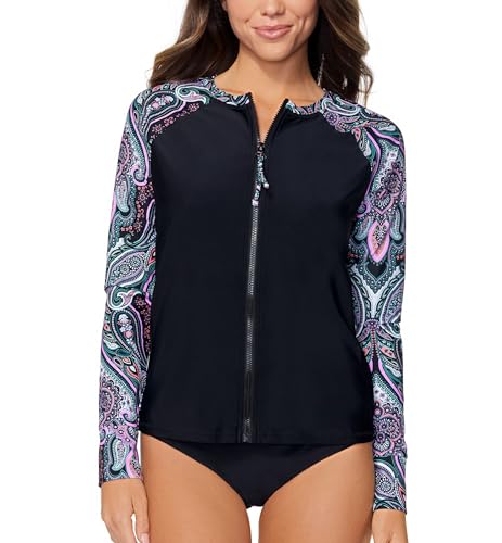 Raisins Juniors' Printed Long-Sleeve Zip-Front Rash Guard Silk Road Multi M