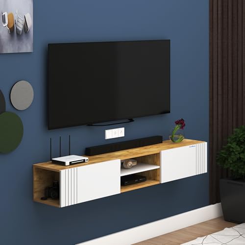 Image of Anikaa Nimbus Wall Mount TV Unit Cabinet | Modern Entertainment Center with Storage, Drawers, Shelves & Soft-Close Doors | Stylish Floating TV Stand for Up to 50 inch TVs - Giantwood /White (DIY)