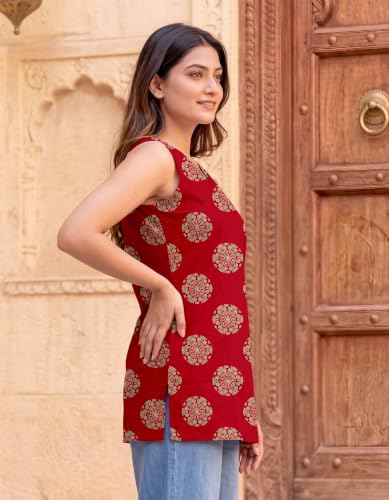 Image of Women's Printed Sleeveless Cotton Kurti Top with V-Neck, Straight Fit Casual Ethnic Tunic for Office, Daily & Casual Wear