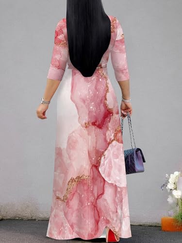 Image of Plus Size Dresses for Women Print Maxi Dresses 3 /4 Sleeve with Belt
