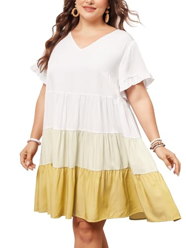 Image of Agnes Orinda Women's Plus Size Babydoll Ruffle Short Sleeve Casual Loose Flowy Swing Hem Chambray V Neck Mini Dress 4X Yellow