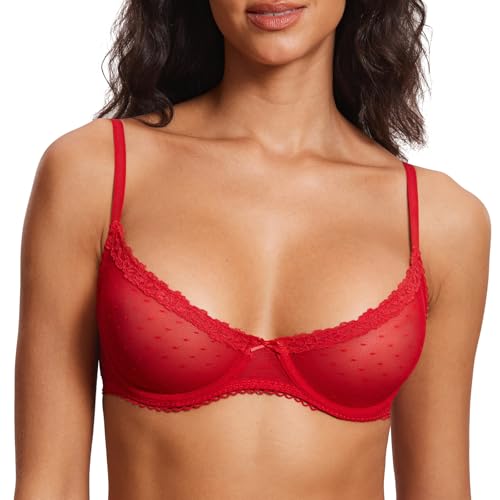 DOBREVA Women's Balconette Lace Bra See Through Demi Sheer Mesh Plus Size Underwire Lipstick Red 36C