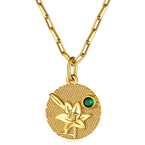FOCALOOK Geburtsblume im Mai + Geburtsstein Anhänger mit 45+5cm Rolokette 18k vergoldet Münze mit Lilie Motiv Halskette Geburtsmonat Modeschmuck Accessoire für Damen Mädchen