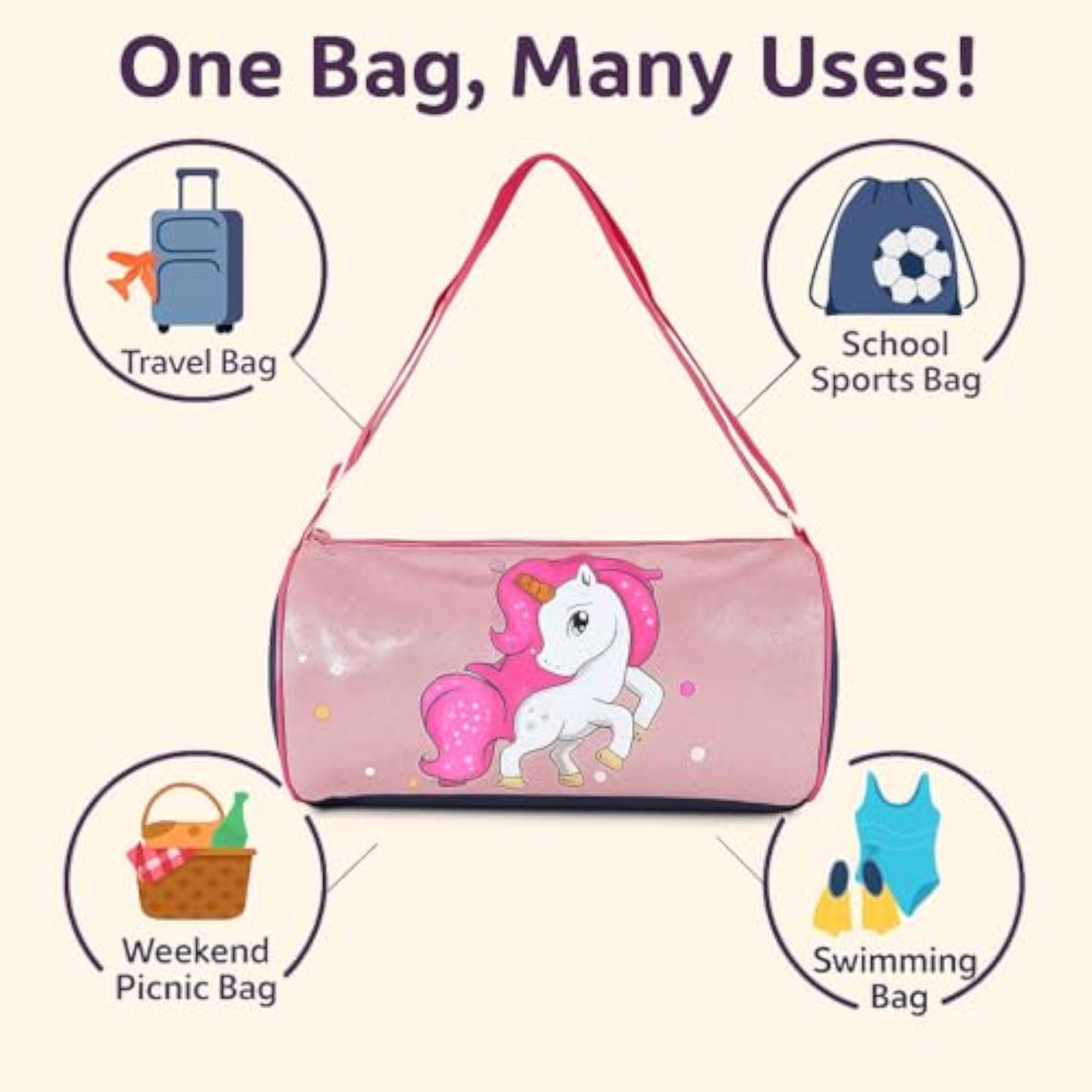 Girls' Unicorn Glitter Duffle Bag for Kids