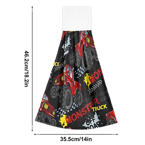 Susiyo 2Pcs Hanging Kitchen Towels, Monster Truck Car Hand Bath Towels Super Absorbent Dish Towels Soft Coral Velvet Tie Towel With Loop For Bathroom Washcloth Farmhouse Home Decor, 18X14 Inch #TOP2
