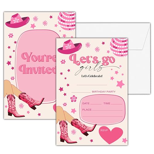 Invitation anniversaire cowgirl complète avec enveloppes pour éviter les oublis de fête rose disco