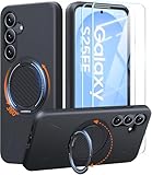 JAME for Samsung Galaxy S25 FE Case, Ring Holder Stand Kickstand, 2 Packs Screen Protector, Dual Layer Shockproof Protective Cover, Magnetic Accessory Friendly Galaxy S25 FE Phone Case, Black