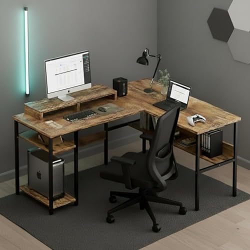 Image of TEKAVO Daino L Shaped Computer Table with CPU Storage | Corner Office Work Desk with bottm Shelf | Office Table for Work | Brown Color
