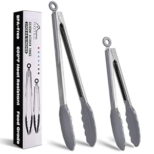 HOTEC Pinze da Cucina, Pinza Spaghetti, Pinze de Barbecue Acciaio Inoxe Silicone di Alta Qualità,Sistema di Bloccaggio Intelligente,Set di 2-23cm e 30.5cm, Grigio Chiaro