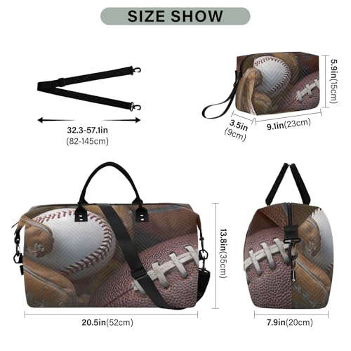 Retro Baseball Glove Football Basketball Large Travel Duffle Bag Weekender Overnight Bags Gym Yoga Bag for Women Men with Toiletry Bag3