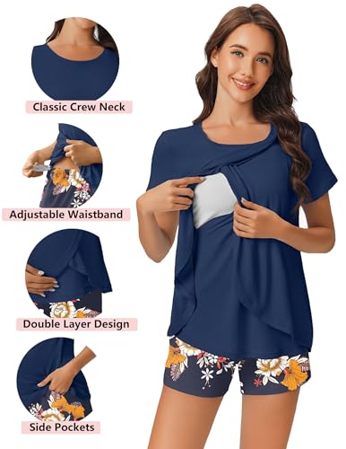 Image of Ekouaer 3 PCS Maternity Nursing Pajamas Set Postpartum Breastfeeding Short Sleeve Shirts, Pregnancy Shorts & Pants Pjs S-XXL