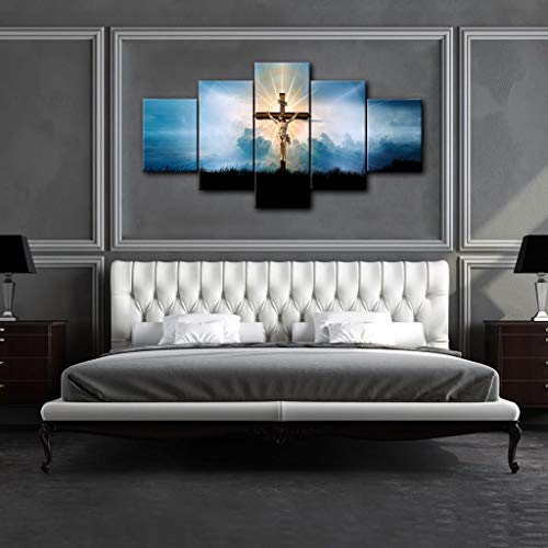 Amemny Christian Crosses 5 Piece Canvas Wall Art Decor Jesus Crucified Pictures Religion Navy Blue Paintings Modern Artwork Living Room Decor Framed Stretched Ready To Hang #TOP4