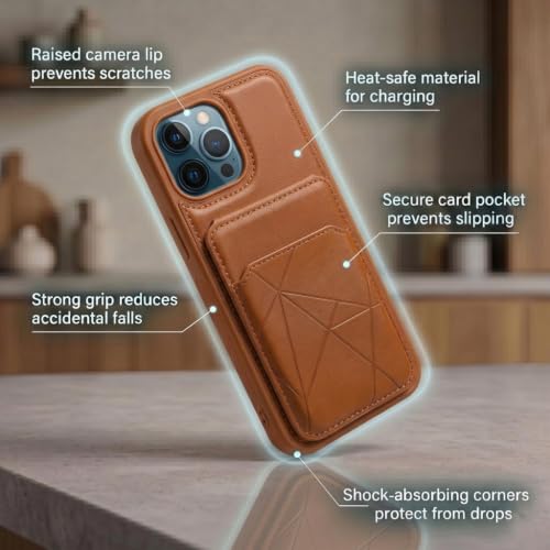 Image of amazon basics Premium Vegan Leather Back Cover with Card Holder and Integrated Mobile Stand for iPhone 12 Pro Max - Slim Shockproof Wallet Case with Geometric Stitching [Tan]