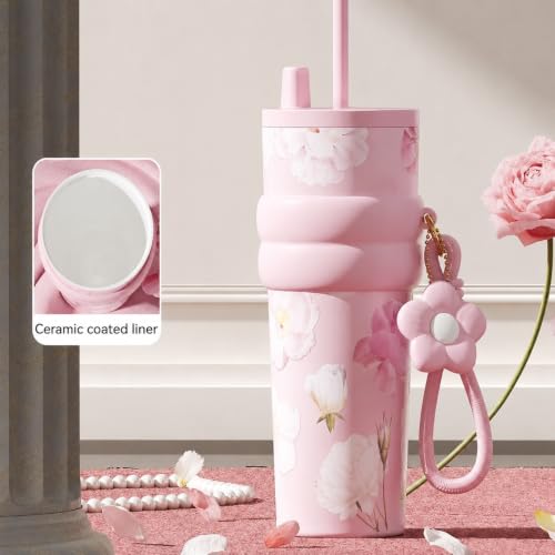 Image of Pink Floral Tumbler for Women, Stainless Steel Tumbler 710 ml, Birthday Graduation Gifts for Women Mom Sister Best Friends, Pink Floral Travel Coffee Gift Gym Travel Yoga Cup