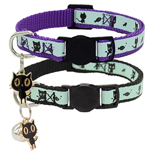 Image of 2 Pack Glow in The Dark Cat Collar with Bell Breakaway Safety Cat Puppy Collars with Pendant Purple and Black