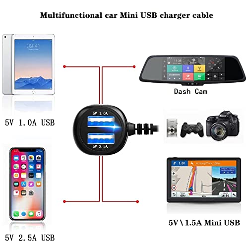 Dash Cam Charger Gps Navigator Charger Cable For Mini Usb Port Device Dash Cam Gps Mp3/Mp4 Player Canon Digital Camera Pda Charger For 12V Car And 24V Truck Car Power Adapter Cable (2Usb 5V A) #TOP2