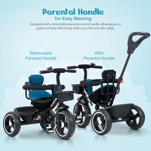Image of Baybee 2 in 1 Baby Tricycle for Kids | Smart Balance Baby Trikes with Parental Handle, Cushion Seat, Safety Guardrail & Dual Storage | Kids Cycle for 2-5 Years Boy Girl (Tovino English Blue)