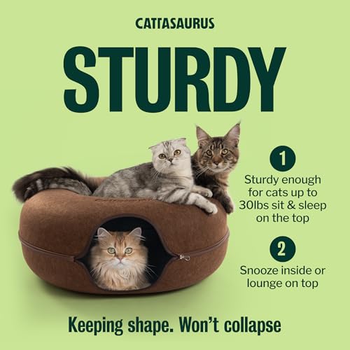 Image of Cattasaurus Peekaboo Cat Cave Donut for Multiple & Large Cats up to 30-45 lbs, 3-in-1 Self Warming Cat Bed, Tunnel & Scratcher for Indoor Cats, Washable & Detachable Small Dog Bed (Brown, Jumbo)
