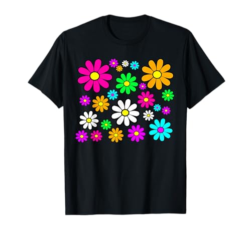 Magasin de fleurs Happy Bright Daisies Daisy Années 60 Années 70 Rétro Vintage T-Shirt Multicolore Filles-Enfants Unisex Coupe Classique Manche Courte Col...