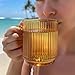 WeirdUncle Ribbed Glass Coffee Mug with bamboo lids and handle, so cute, 12oz Tea Drinking Glasses, Fluted Design, Ideal for Water, Iced Coffee, Juice, Latte, Milk, Gift (Colored)