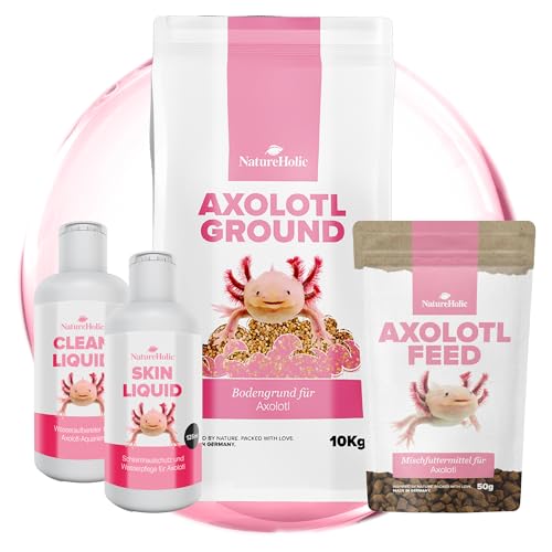 NatureHolic Axolotl Rundum-Sorglos-Paket | Komplett-Set für Axolotl mit Futter, Wasserpflege & Bodengrund | Weiches Softfutter, natürlicher Schleimhautschutz, Wasseraufbereiter & Spezialkies