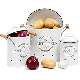Artli Aufbewahrungsboxen im Vintage/Landhausstil mit Holzgriffe I Kartoffel, Zwiebel & Knoblauch Vorratsbehälter Set I Küchen Deko Topf Dosen Behälter Körbe Box